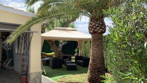 Un espace patio aménagé avec du mobilier d’extérieur, un palmier et un coin salon abrité.