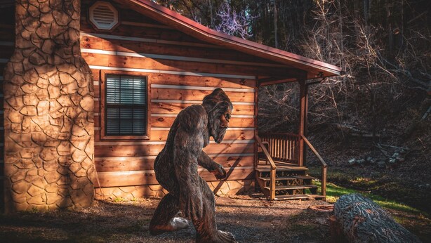 Una cabaña rústica con cimientos de piedra, paredes de madera y un porche.