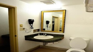 Une salle de bain avec un lavabo, un miroir et des toilettes.