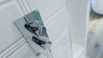 A bathroom door with a chrome handle and a mirror.