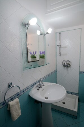 Bathtub, hair dryer, towels, soap