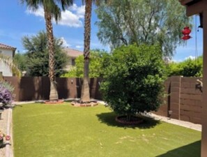 Enjoy the serene atmosphere of this beautifully maintained outdoor space with a lush lawn and a variety of trees.