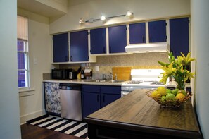 A kitchen with blue cabinets, a microwave, a dishwasher, a stove, and a fruit basket on the counter.