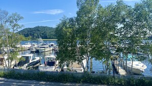 A marina with various boats docked, surrounded by trees and a hilly landscape in the background.