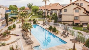 Une piscine entourée d’immeubles d’habitation, avec des chaises longues et des palmiers.