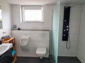 Shower, hair dryer, towels, soap