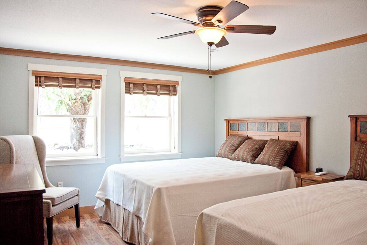 A bedroom with two beds, a ceiling fan, and a window with a view of a tree.