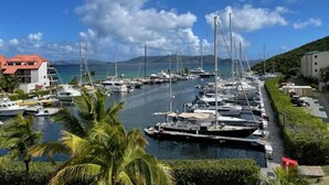 Un port de plaisance où sont amarrés de nombreux yachts, entouré de palmiers et de bâtiments.