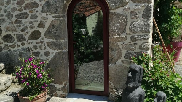 A stone building with a wooden door, a potted plant with purple flowers, and a statue.