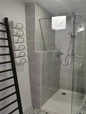 Shower, hair dryer, towels, toilet paper