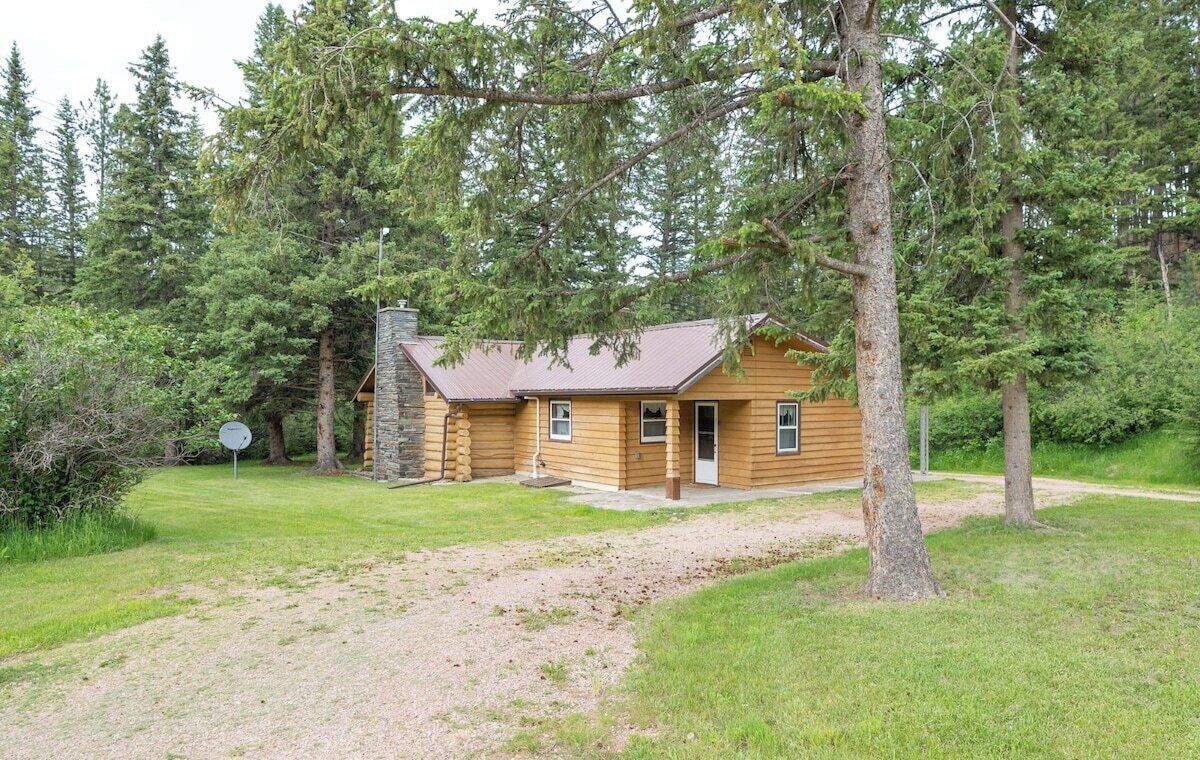 A log cabin with a chimney, surrounded by trees and a grassy area.