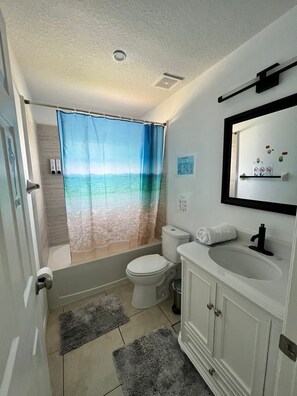 Hair dryer, towels, shampoo, toilet paper