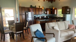 A spacious living area with a large sofa, a dining table with chairs, and a kitchen area with wooden cabinets and modern appliances.