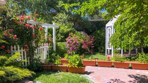 A garden with a white fence, potted plants, and a brick pathway.