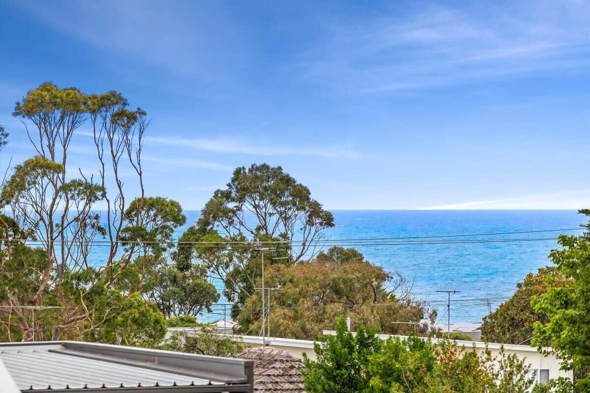 Vista sulla costa, con alberi e cielo sereno.