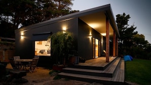 A modern house with a deck, outdoor seating, and a large plant.