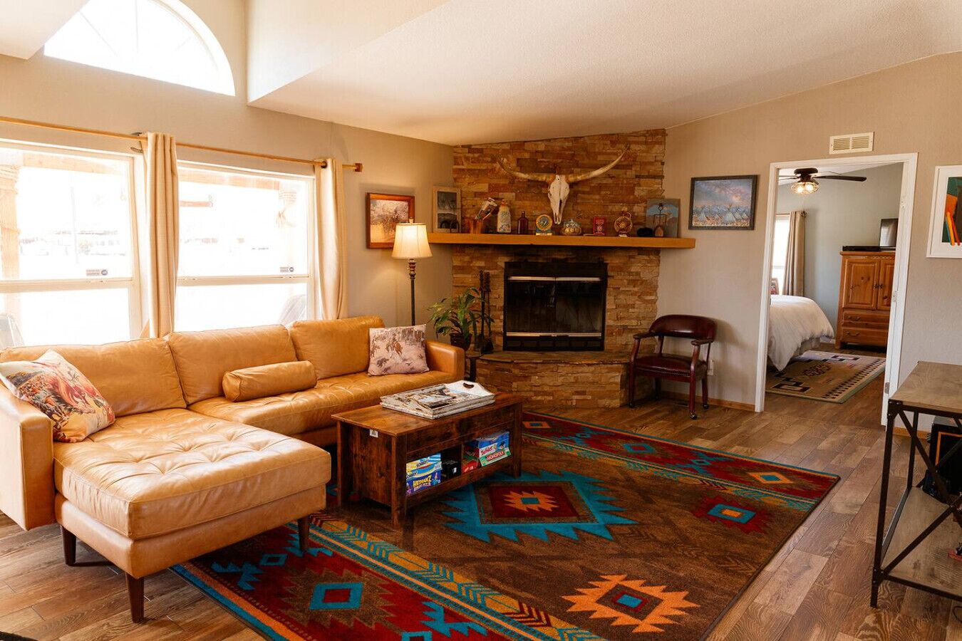 Smart TV, fireplace, DVD player, music library