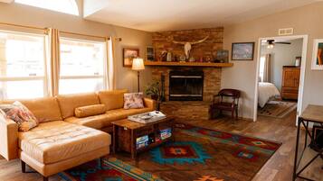 Smart TV, fireplace, DVD player, music library