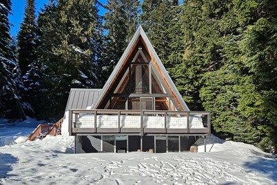 Private, alpine modern A-frame near lake & lifts with firepit & wood stove