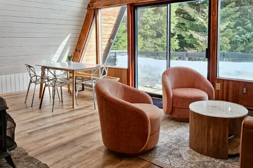 Private, alpine modern A-frame near lake & lifts with firepit & wood stove