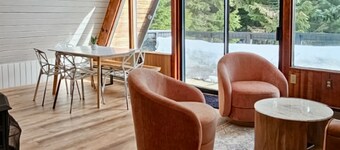 Private, alpine modern A-frame near lake & lifts with firepit & wood stove