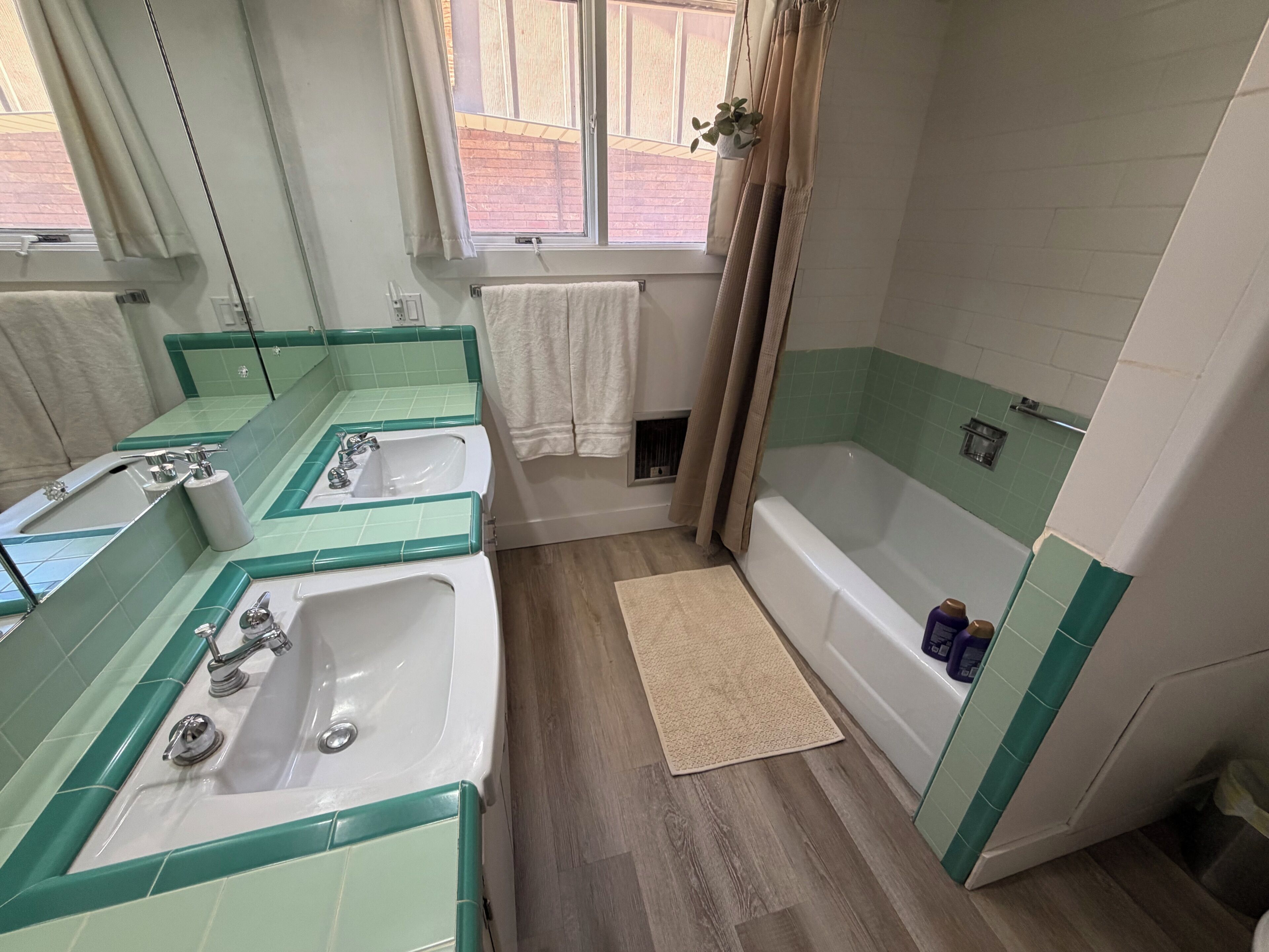 Bañera con ducha, secador de pelo, toallas, jabón