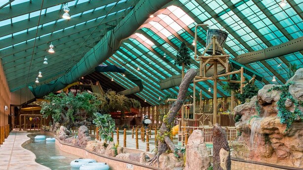 Un élément décoratif aquatique intérieur composé d’une structure en bois, de rochers et de plantes.