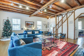 TV, fireplace, music library, offices