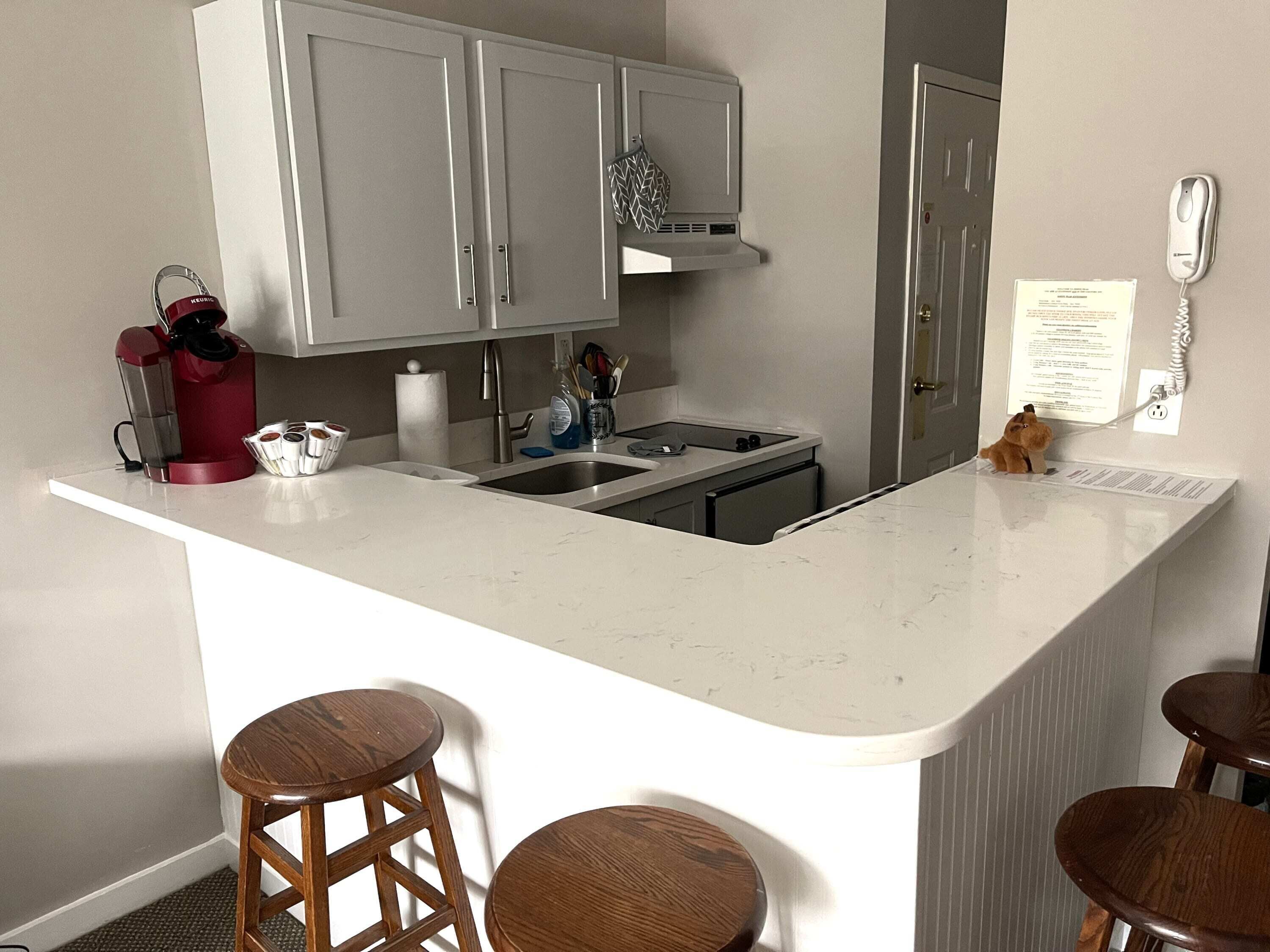 Une cuisine avec des armoires blanches, un évier en acier inoxydable et un comptoir en marbre. On y trouve deux tabourets en bois et une petite figurine de chien posée sur le comptoir.
