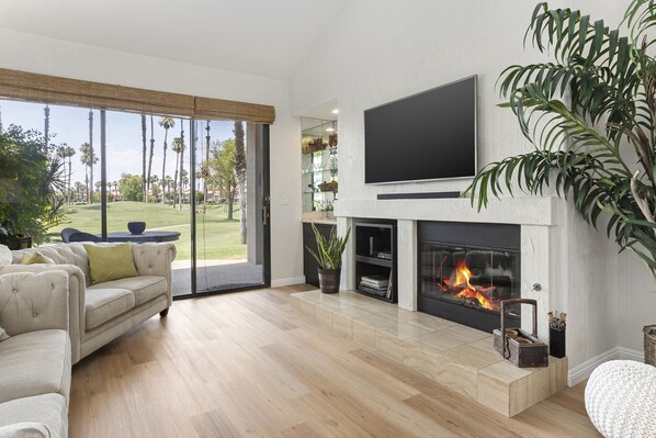 Smart TV, fireplace, books