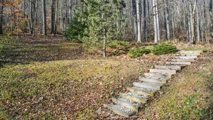 A forested area with a wooden staircase leading up a slope. - Creekside Cottage Star 5 Vacations (Black Mountain)