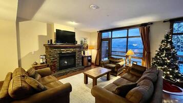 Télévision, cheminée, espaces bureaux