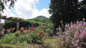 A garden with various plants and flowers, a pergola, and a stone wall. - Un Lieu Bucolique, Idéal Pour se Ressourcer (Beauzac)