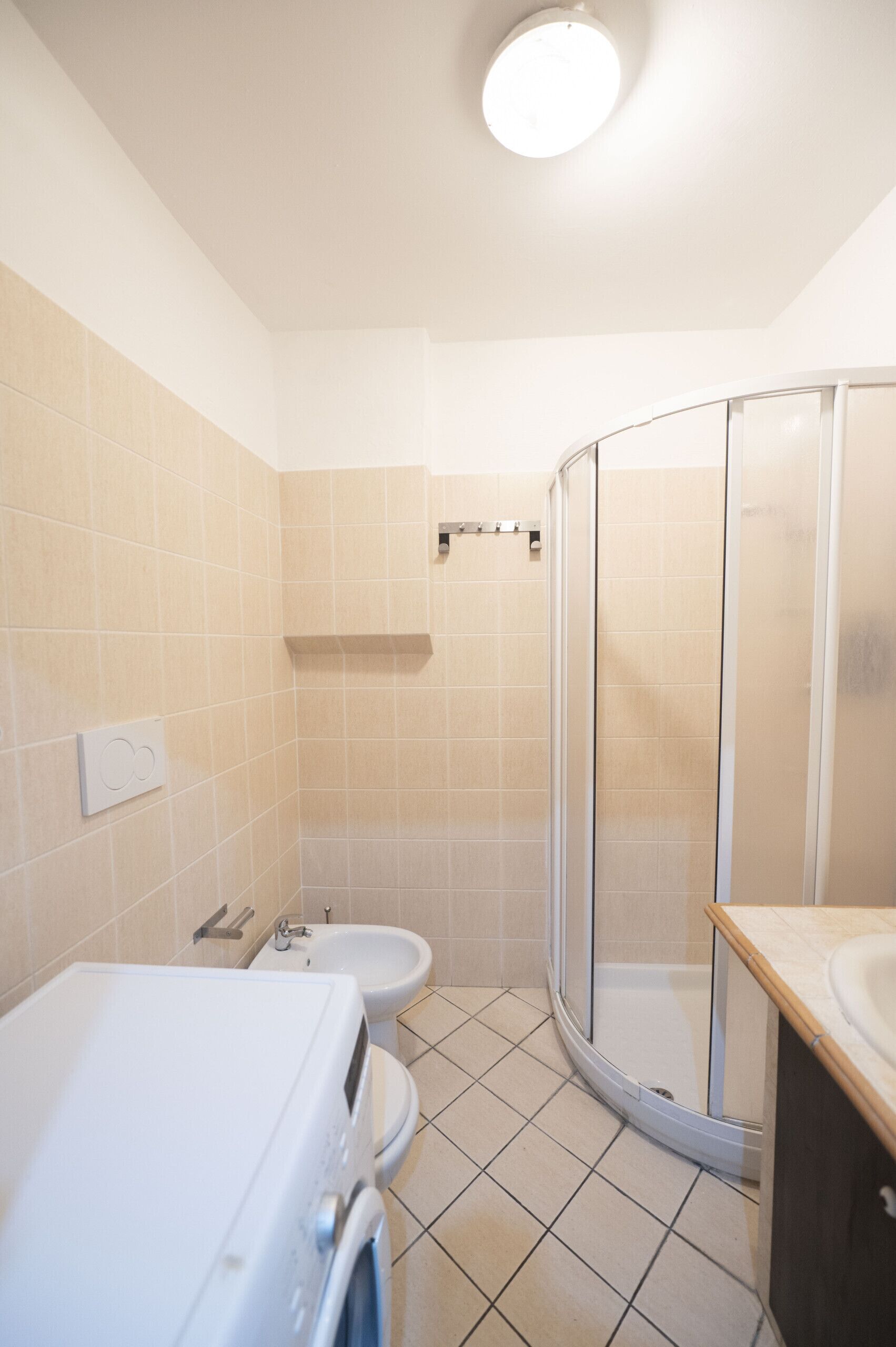 A bathroom with a shower, toilet, and washing machine.