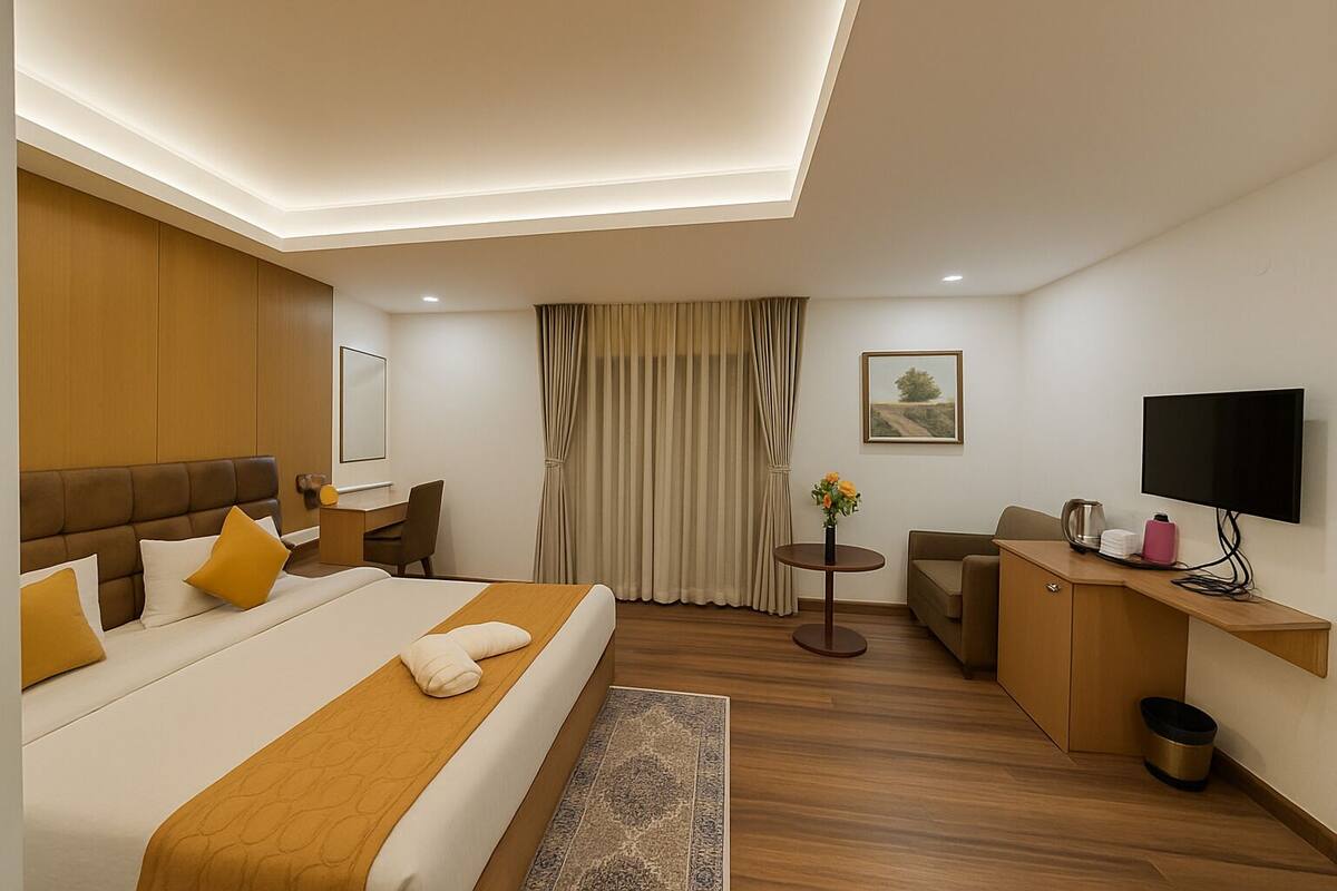 A hotel room with a bed, a desk, a chair, a TV, and a small table with flowers.