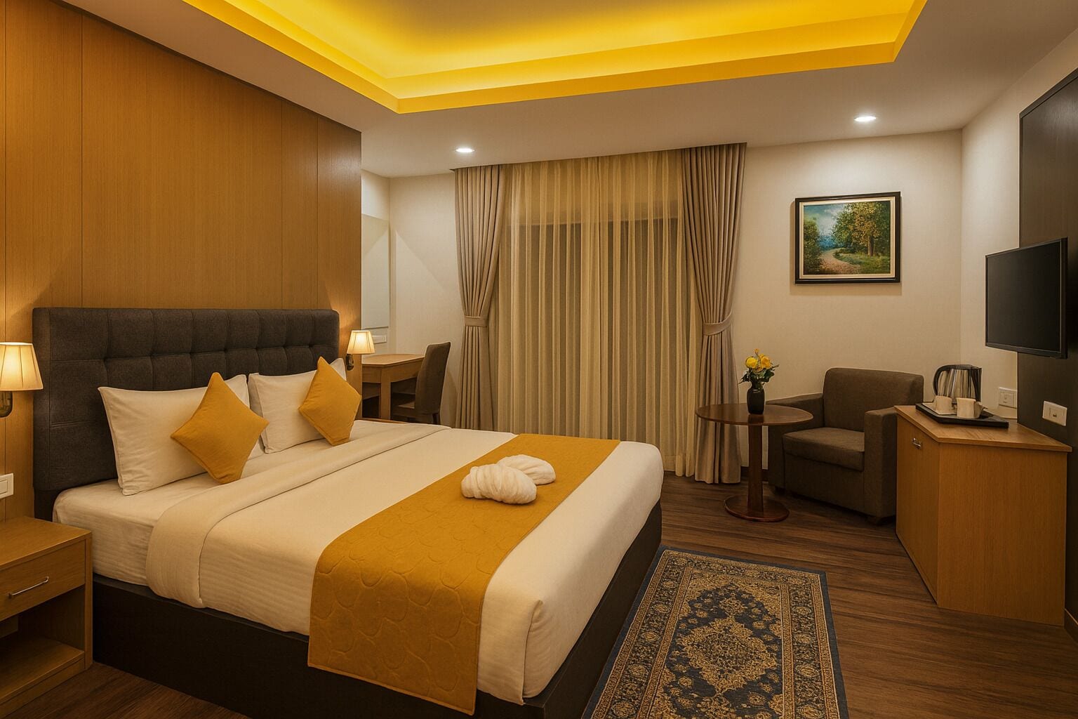 Ein Hotelzimmer mit einem großen Bett, einem Schreibtisch, einem Stuhl, einem Fernseher und einem Bild an der Wand.