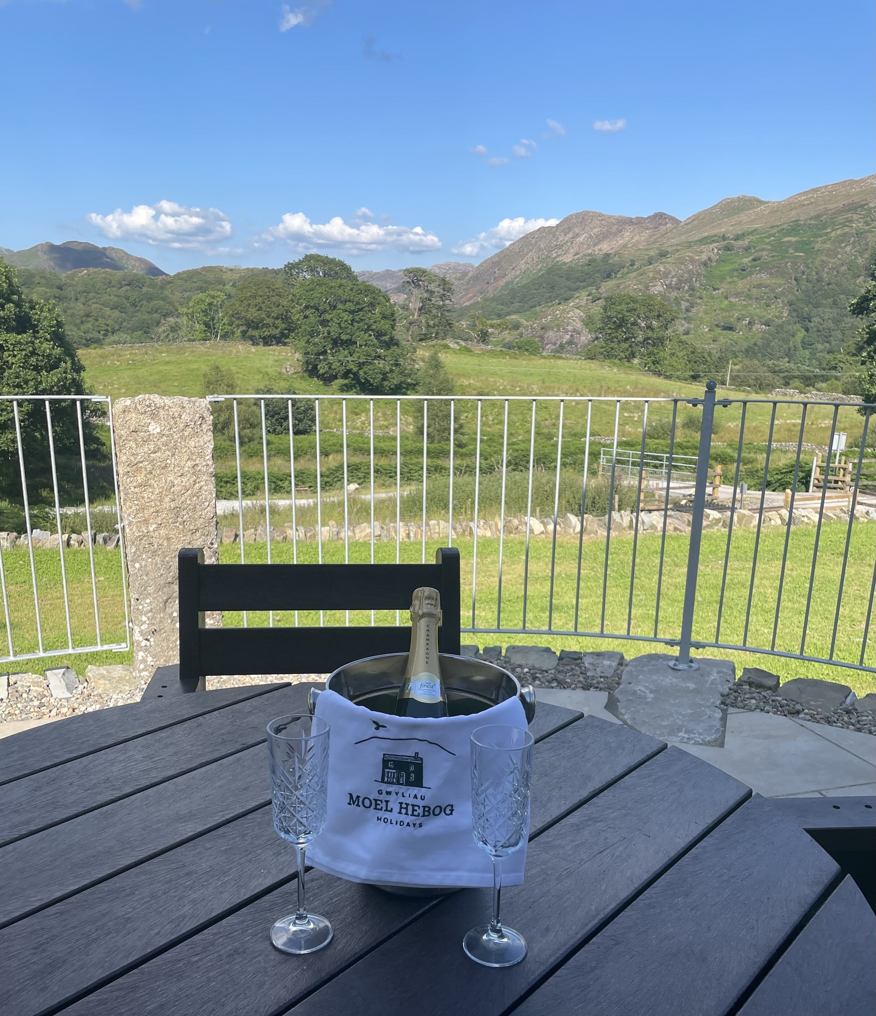 A table with a bottle of champagne and two glasses on a balcony overlooking a scenic landscape.