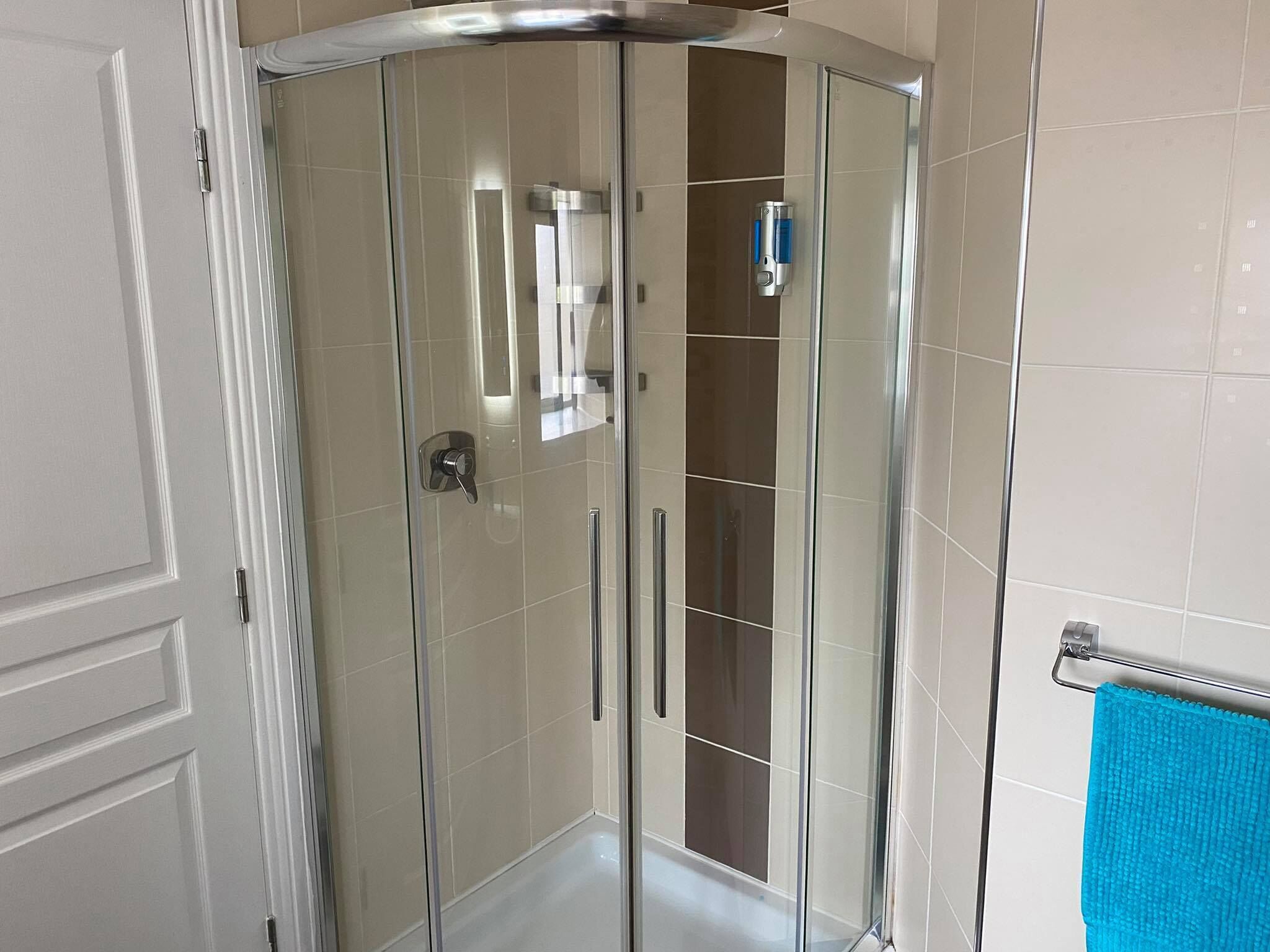 Combined shower/bathtub, hair dryer, soap, toilet paper