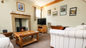 A cozy living room with a fireplace, a television, and a comfortable sofa.