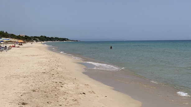Una playa con cielos despejados, orilla arenosa y algunas sombrillas.