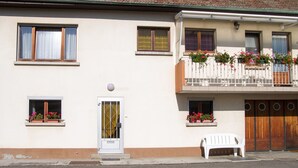 A two-story building with a white facade, a front door with a glass panel, and a balcony with potted plants. - Homerez - House in Berrwiller (Berrwiller)
