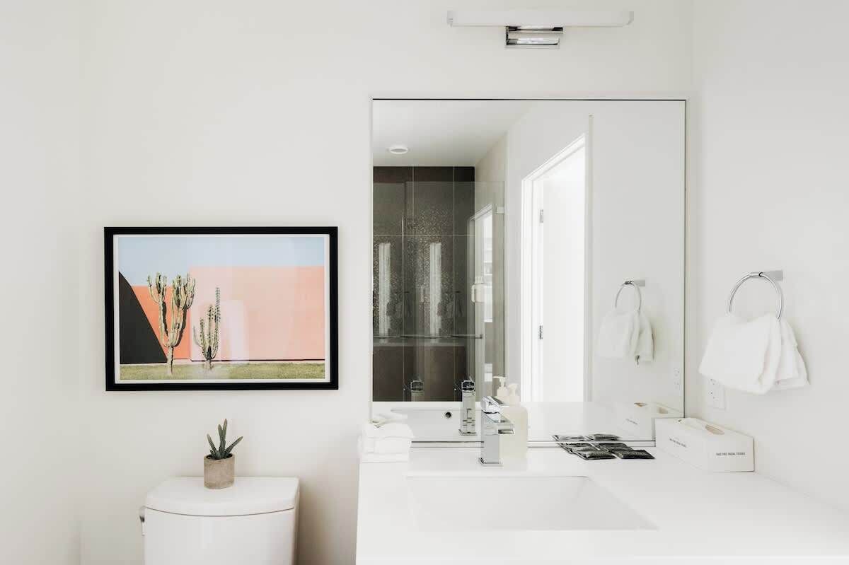 Un baño moderno con un espejo grande, un cuadro enmarcado de cactus y un lavabo blanco.