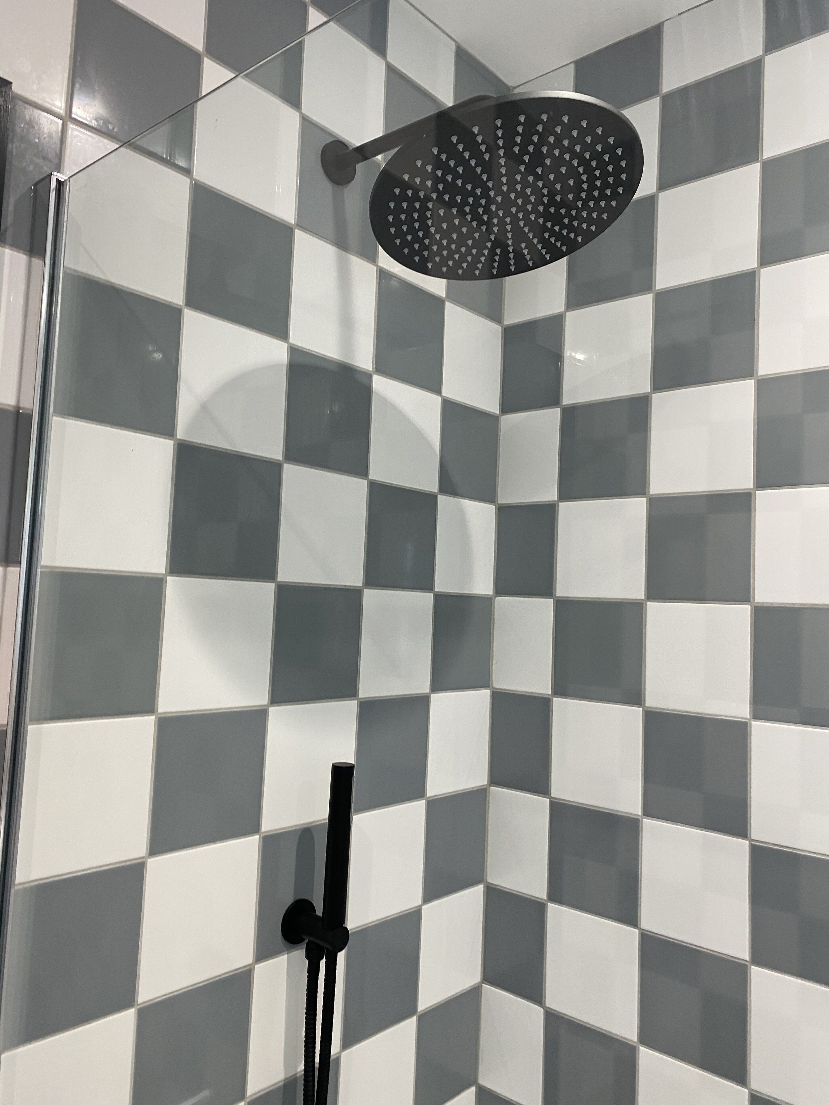 Een douche met een zwarte regendouche en een zwarte slang.