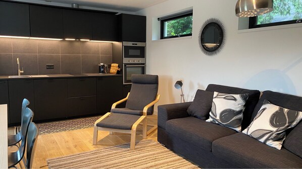 Cozy living space with a sleek kitchen, comfortable seating area, and a view of the outdoors.