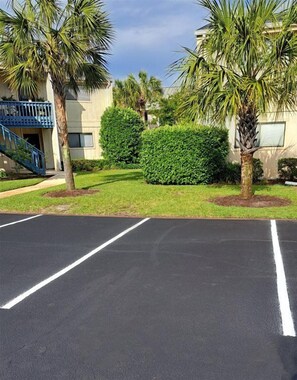A parking lot with a building in the background, palm trees, and a well-maintained lawn.