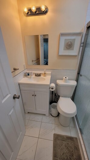 Shower, hair dryer, towels, soap