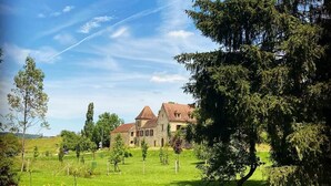 Een groot, historisch gebouw met een rood dak, omringd door een weelderig groen veld en bomen.