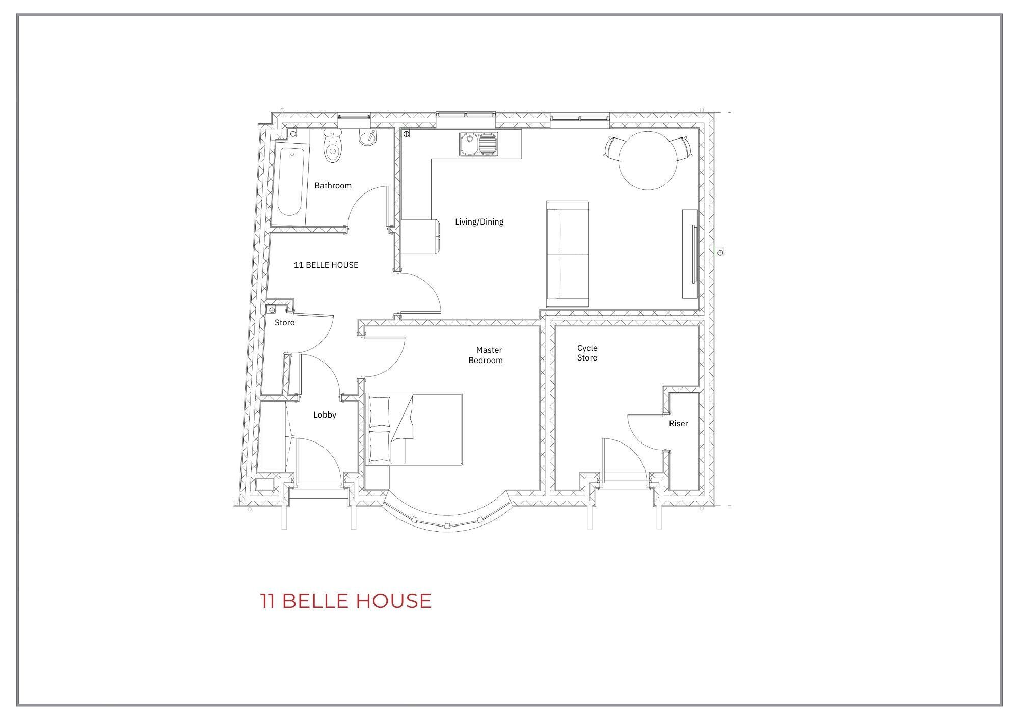 A floor plan of 11 BELLE HOUSE with a master bedroom, cycle store, living/dining area, bathroom, store, and lobby.