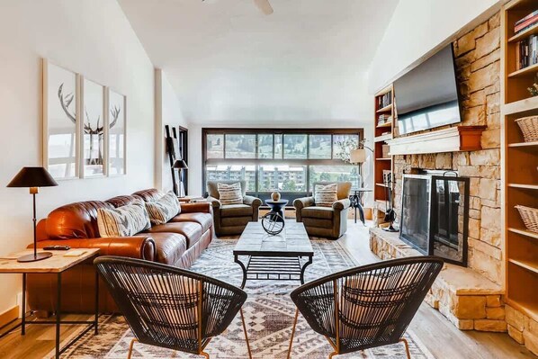 LCD TV, fireplace, books, offices