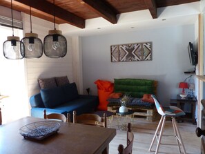 Televisión, reproductor de DVD, libros, videoteca